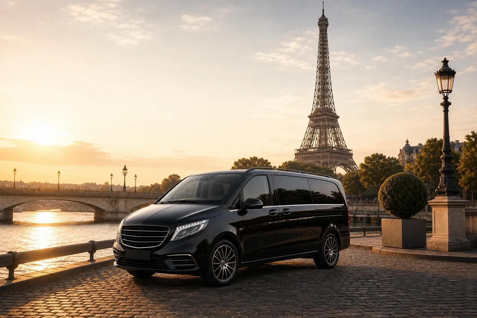 Luxury black chauffeur vehicle parked on an elegant city street at sunrise