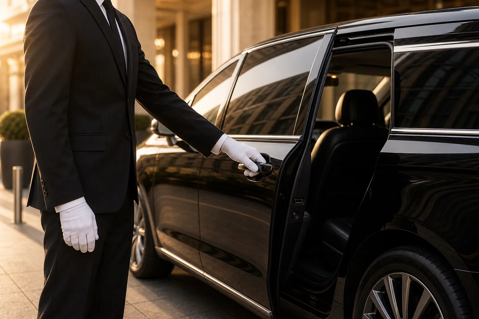 Professional Precious Ride chauffeur opening a luxury vehicle door
