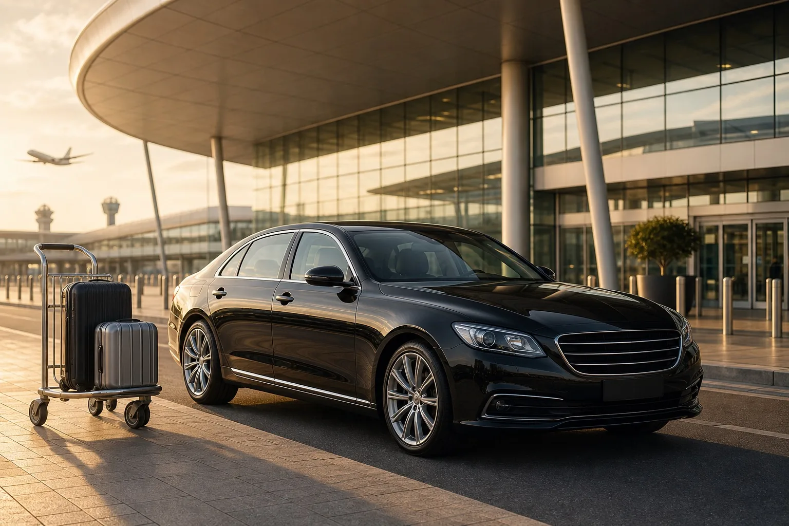 Executive chauffeur vehicle waiting outside a modern airport terminal