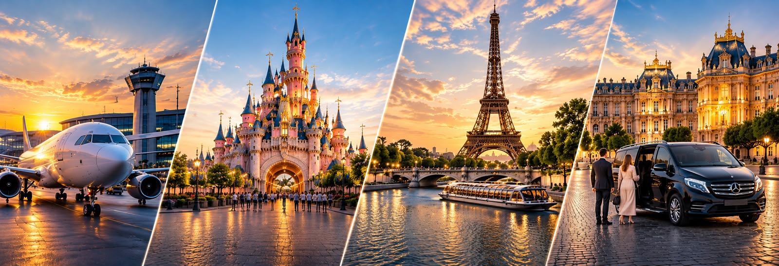 Paris chauffeur destinations featuring an airport, Disneyland Paris, the Eiffel Tower and a Mercedes van