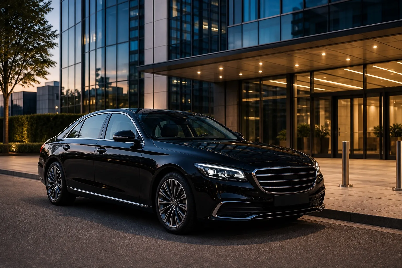 Executive black sedan waiting outside a modern business destination