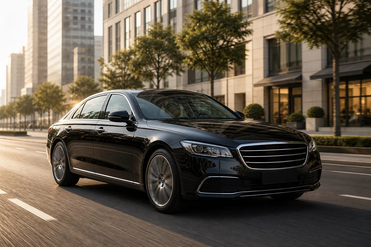 Luxury black sedan prepared for a private city journey