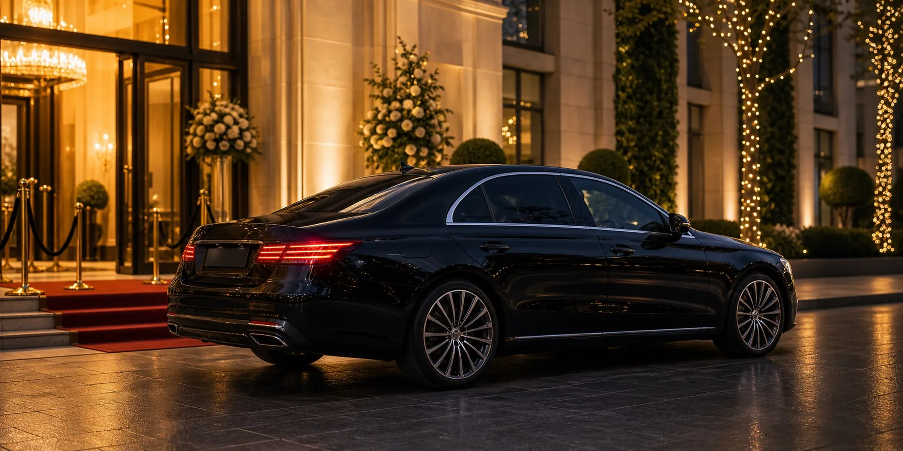 Luxury chauffeur car arriving at an evening event venue