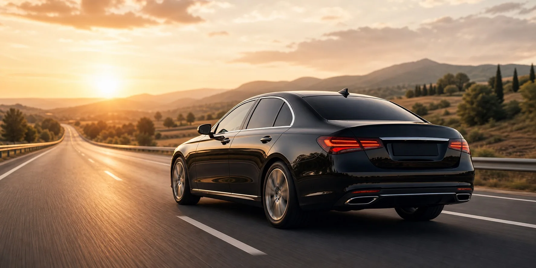 Private chauffeur sedan travelling on a long-distance journey